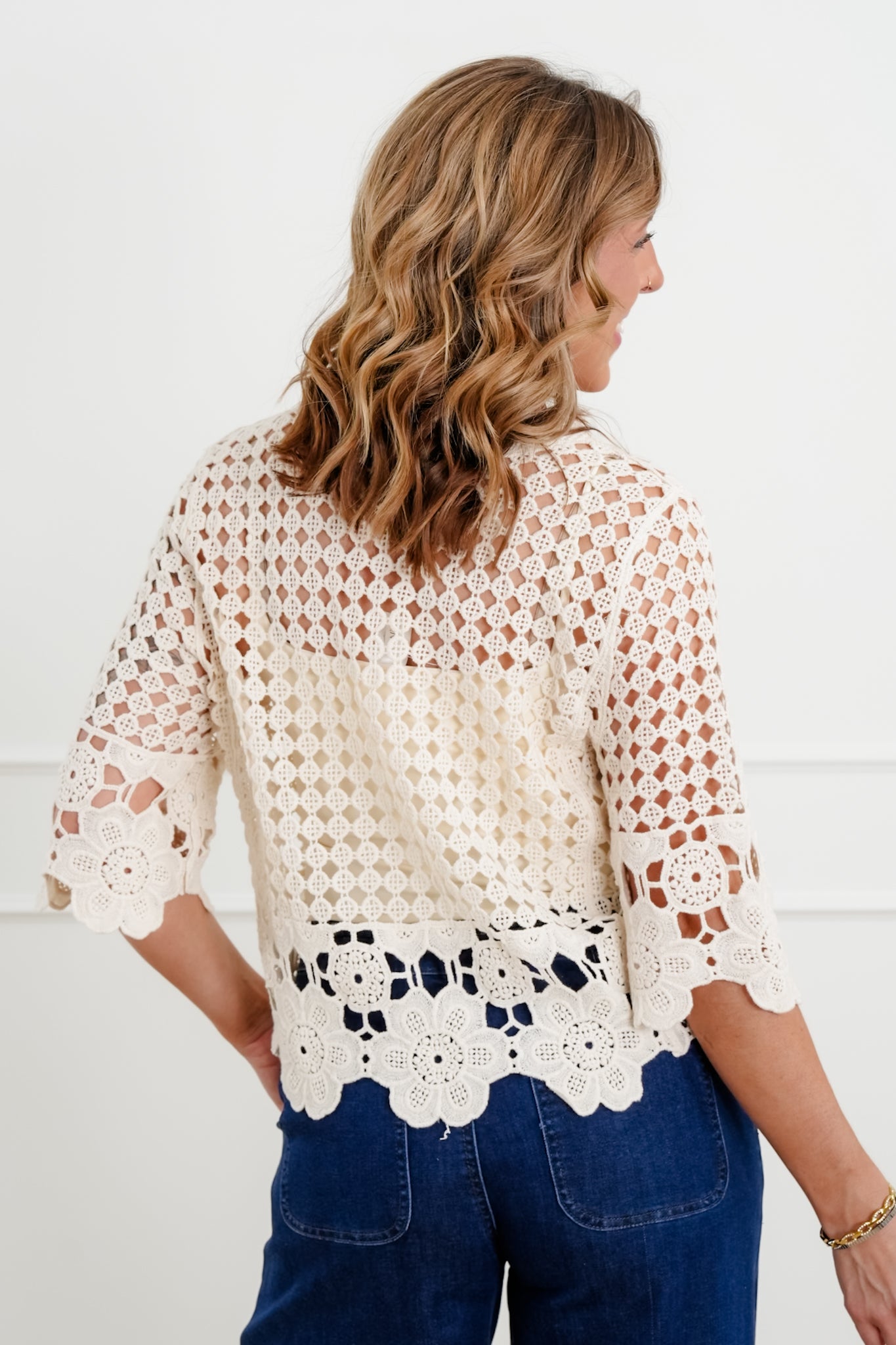 Plus/Reg Crochet Half Sleeve Button Down Cardigan - Freckled Poppy