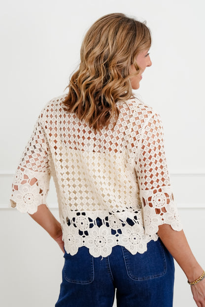 Plus/Reg Crochet Half Sleeve Button Down Cardigan - Freckled Poppy