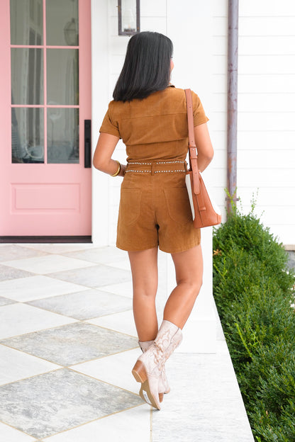 Short Sleeve Button Up Romper with Studs