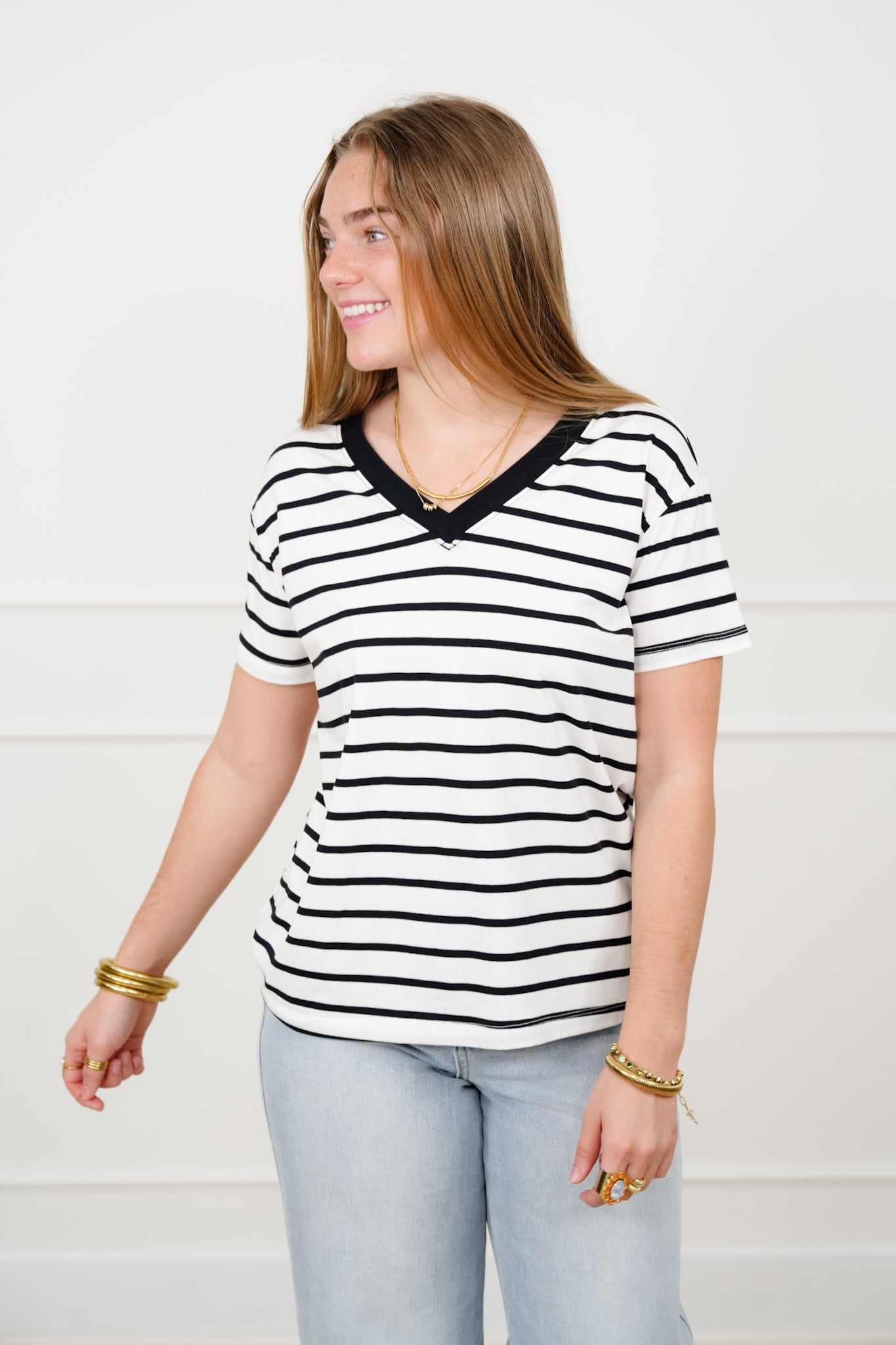Door Buster! Plus/Reg Zenana Striped V Neck Tee Shirts