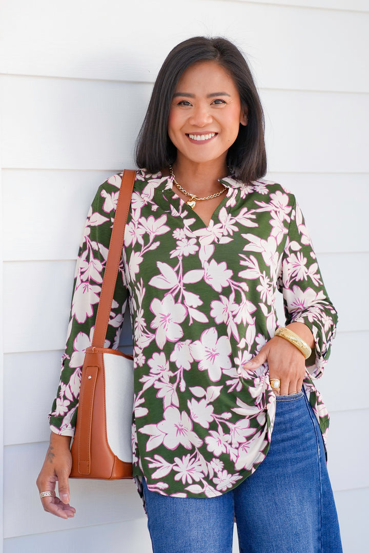 Plus/Reg Olive Floral 3/4 Button Tab Sleeve Tunic Top