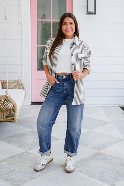 Stripe Long Sleeve Button Down Shacket with Lace Detail