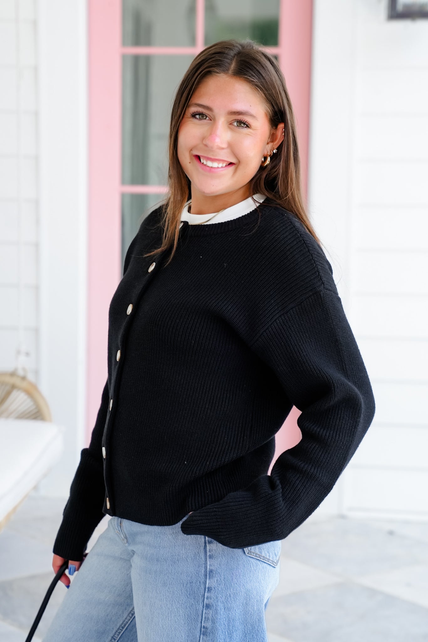 Black Ribbed Long Sleeve Button Down Cardigan