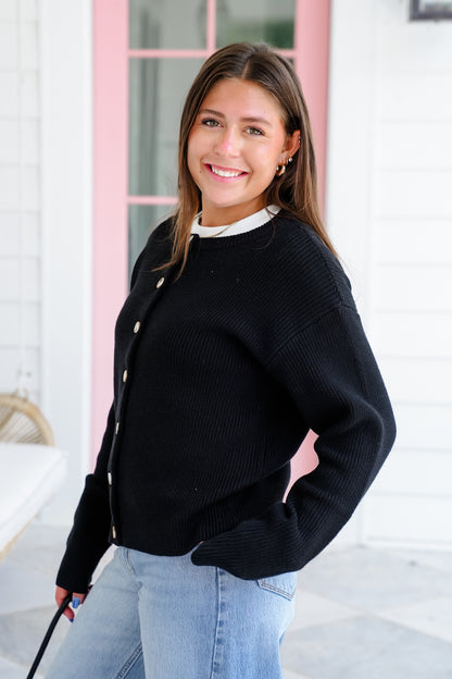 Black Ribbed Long Sleeve Button Down Cardigan