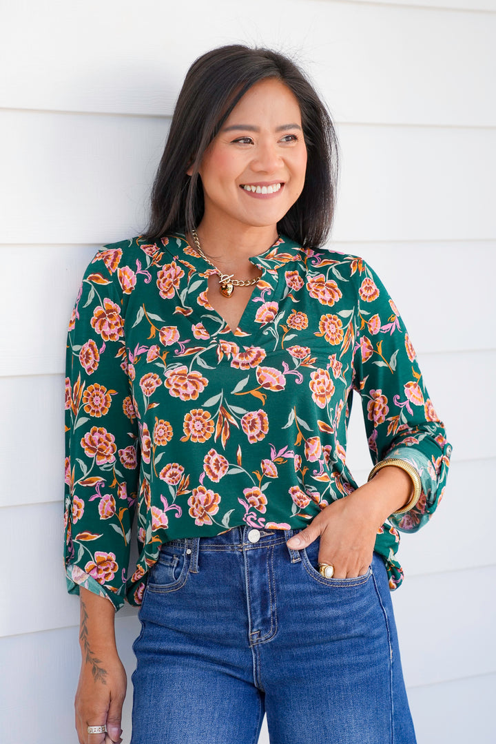 Plus/Reg Green Floral 3/4 Button Tab Sleeve Tunic Top