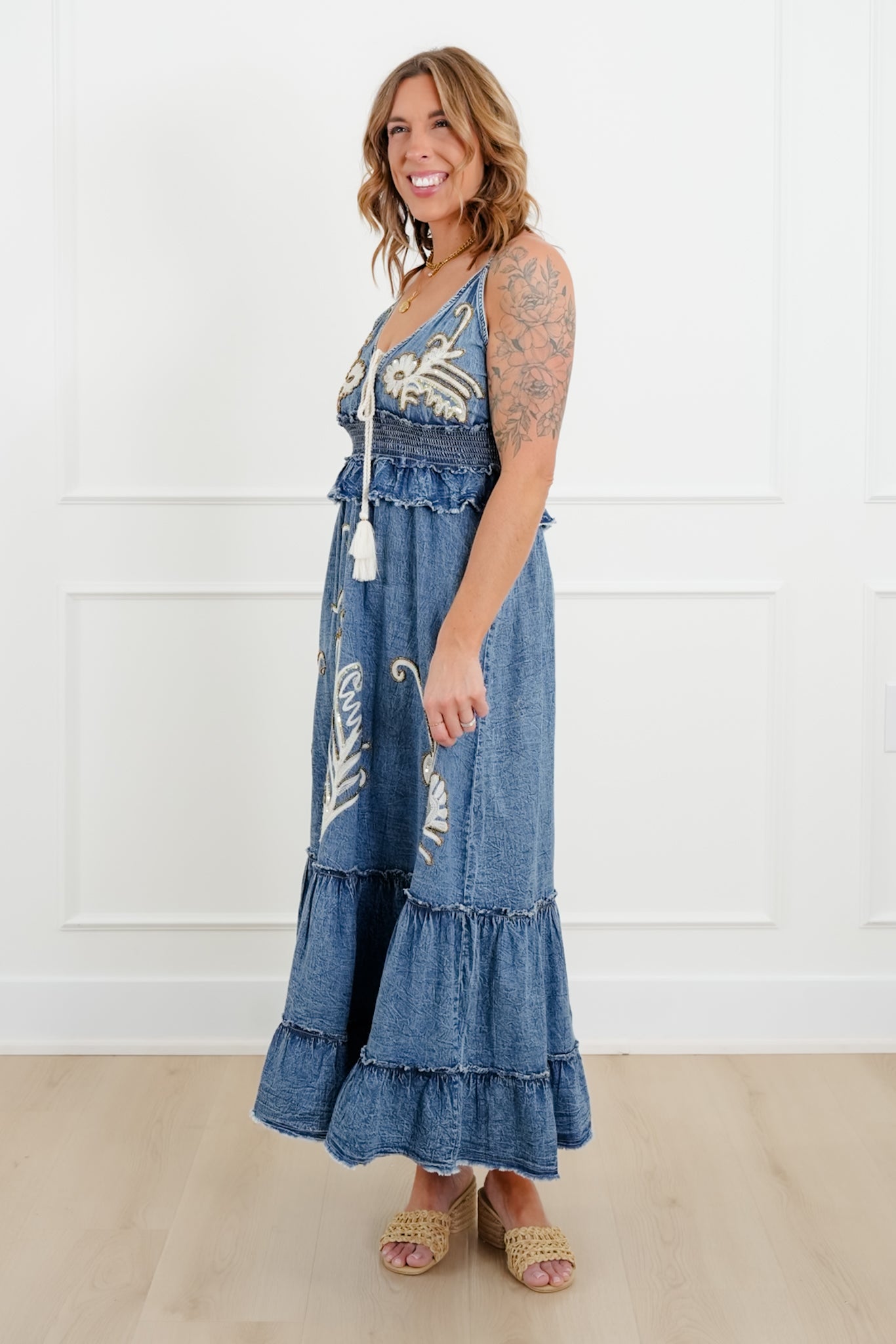 POL Sequin Embroidered Sleeveless V Neck Long Dress