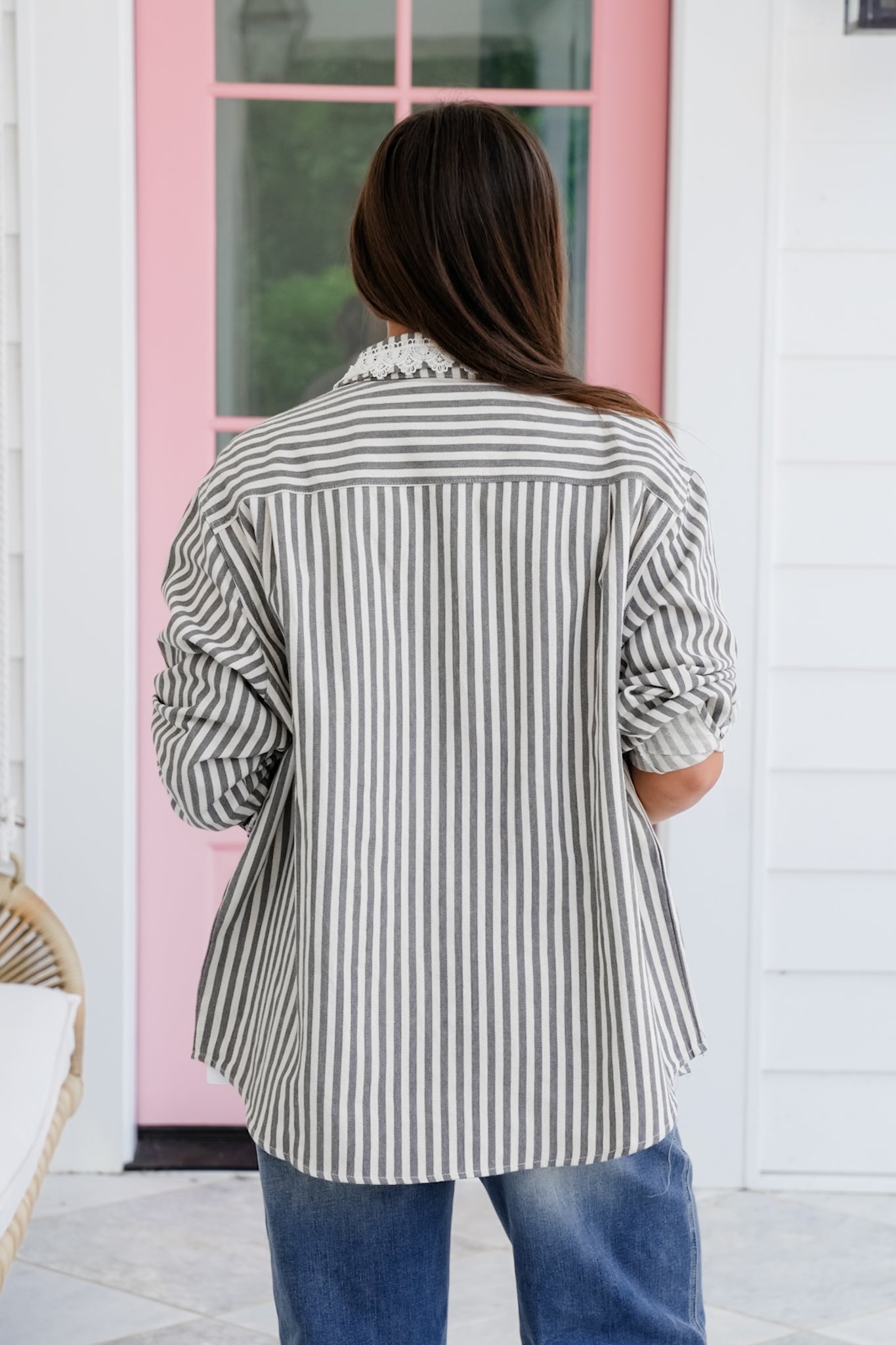 Stripe Long Sleeve Button Down Shacket with Lace Detail