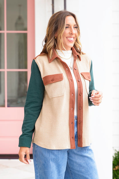 Color Block Corduroy Button Down Shacket