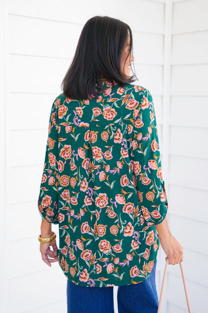 Plus/Reg Green Floral 3/4 Button Tab Sleeve Tunic Top
