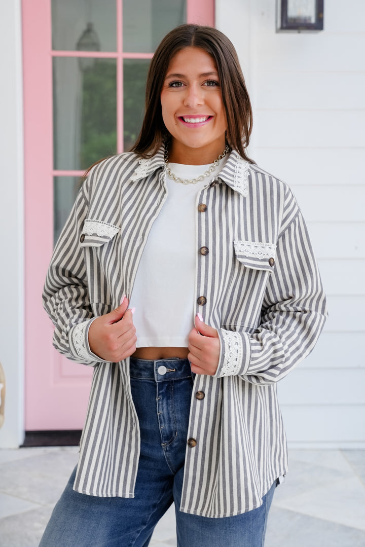 Stripe Long Sleeve Button Down Shacket With Lace Detail
