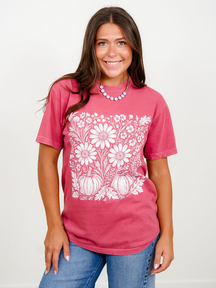 Plus/Reg Short Sleeve Autumn Flowers and Pumpkin Graphic Tee - Freckled Poppy