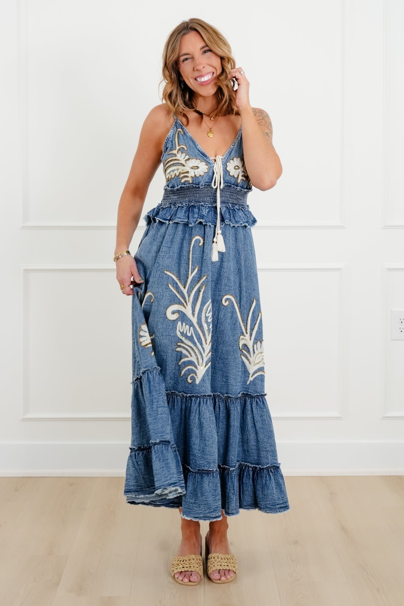 POL Sequin Embroidered Sleeveless V Neck Long Dress