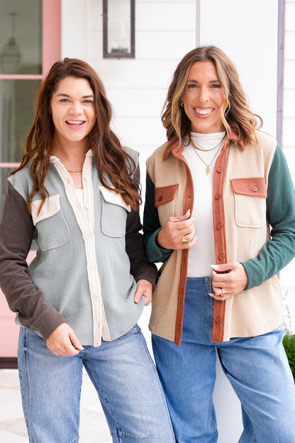 Color Block Corduroy Button Down Shacket