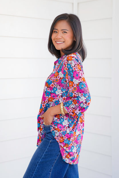 Plus/Reg Chocolate Floral 3/4 Button Tab Sleeve Tunic Top