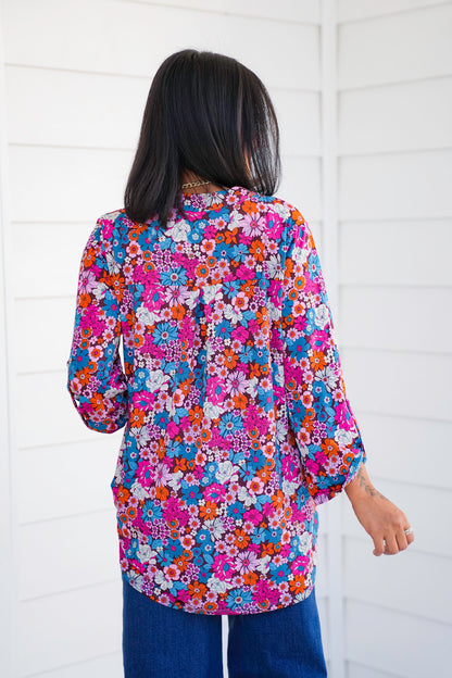 Plus/Reg Chocolate Floral 3/4 Button Tab Sleeve Tunic Top