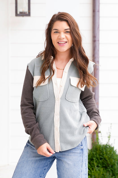 Color Block Corduroy Button Down Shacket