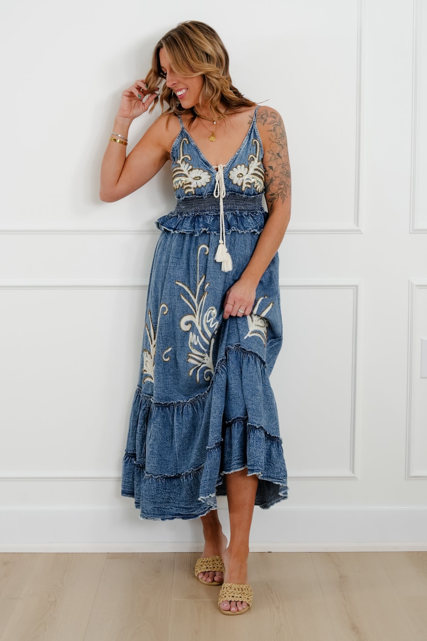 POL Sequin Embroidered Sleeveless V Neck Long Dress