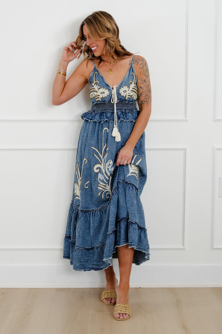POL Sequin Embroidered Sleeveless V Neck Long Dress