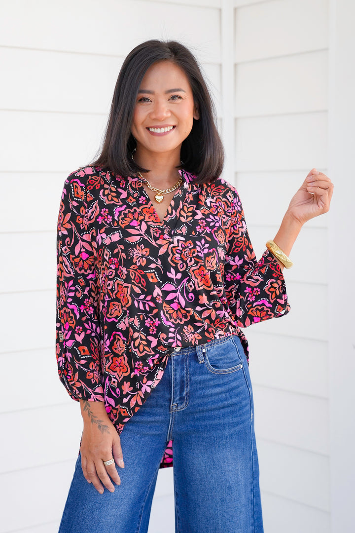 Plus/Reg Floral 3/4 Button Tab Sleeve Tunic Top