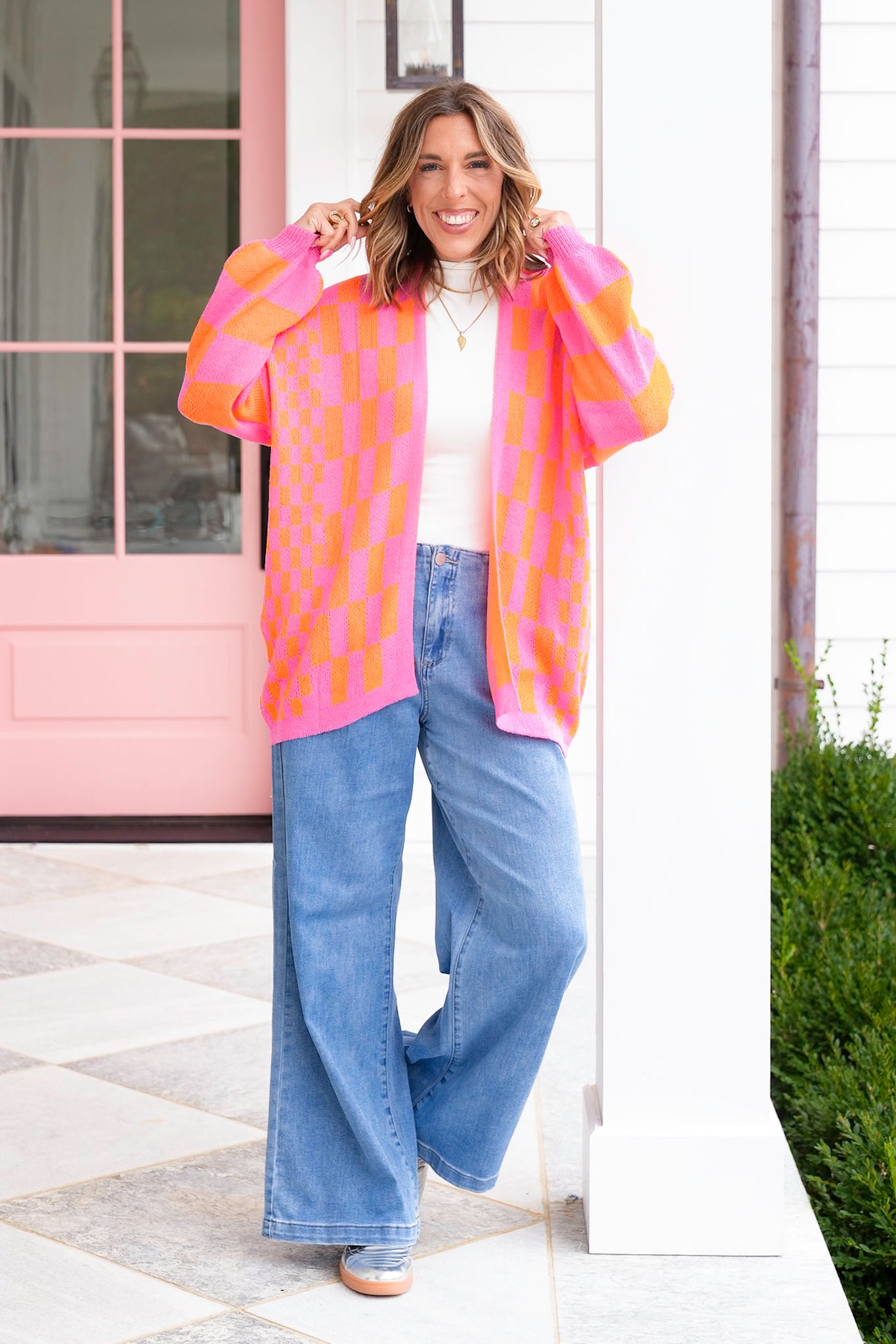 Plus/Reg Checkered Print Long Sleeve Open Cardigan