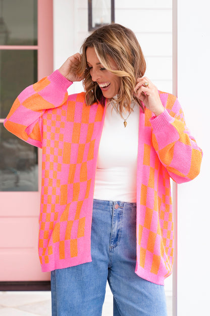 Plus/Reg Checkered Print Long Sleeve Open Cardigan