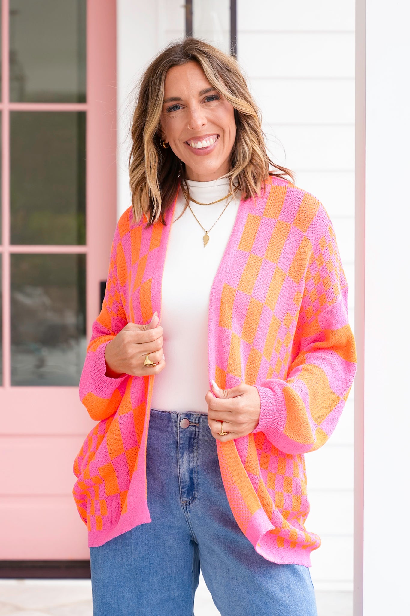 Plus/Reg Checkered Print Long Sleeve Open Cardigan