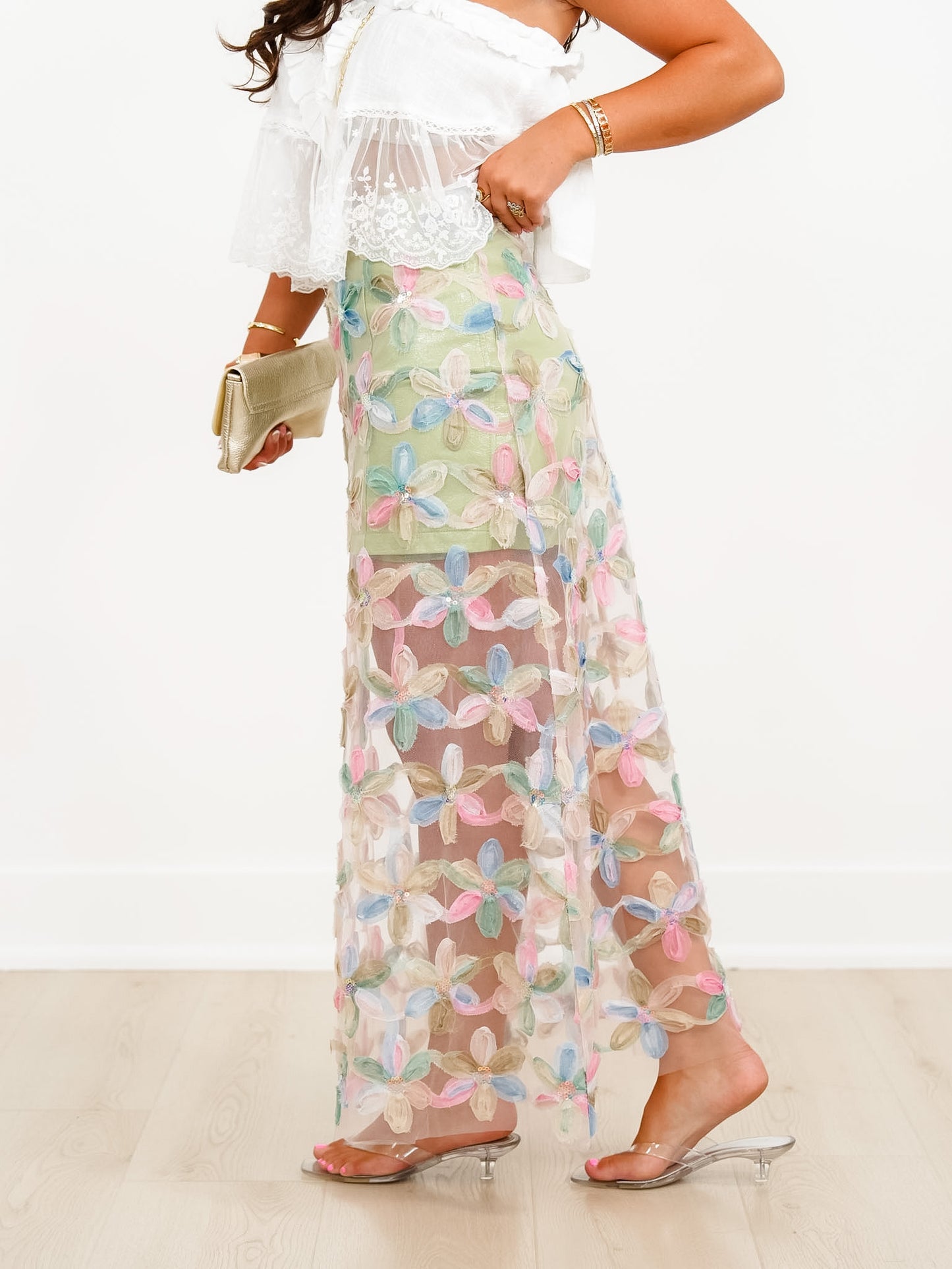 Applique Floral Mesh Midi Skirt with Back Zipper