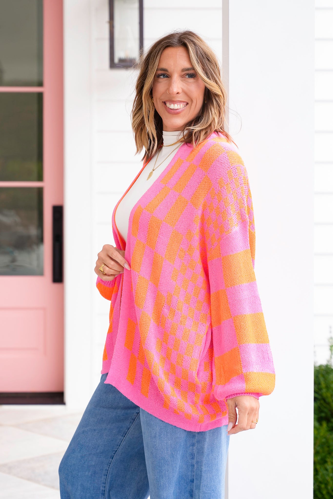 Plus/Reg Checkered Print Long Sleeve Open Cardigan