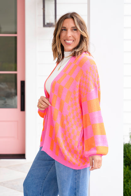 Plus/Reg Checkered Print Long Sleeve Open Cardigan