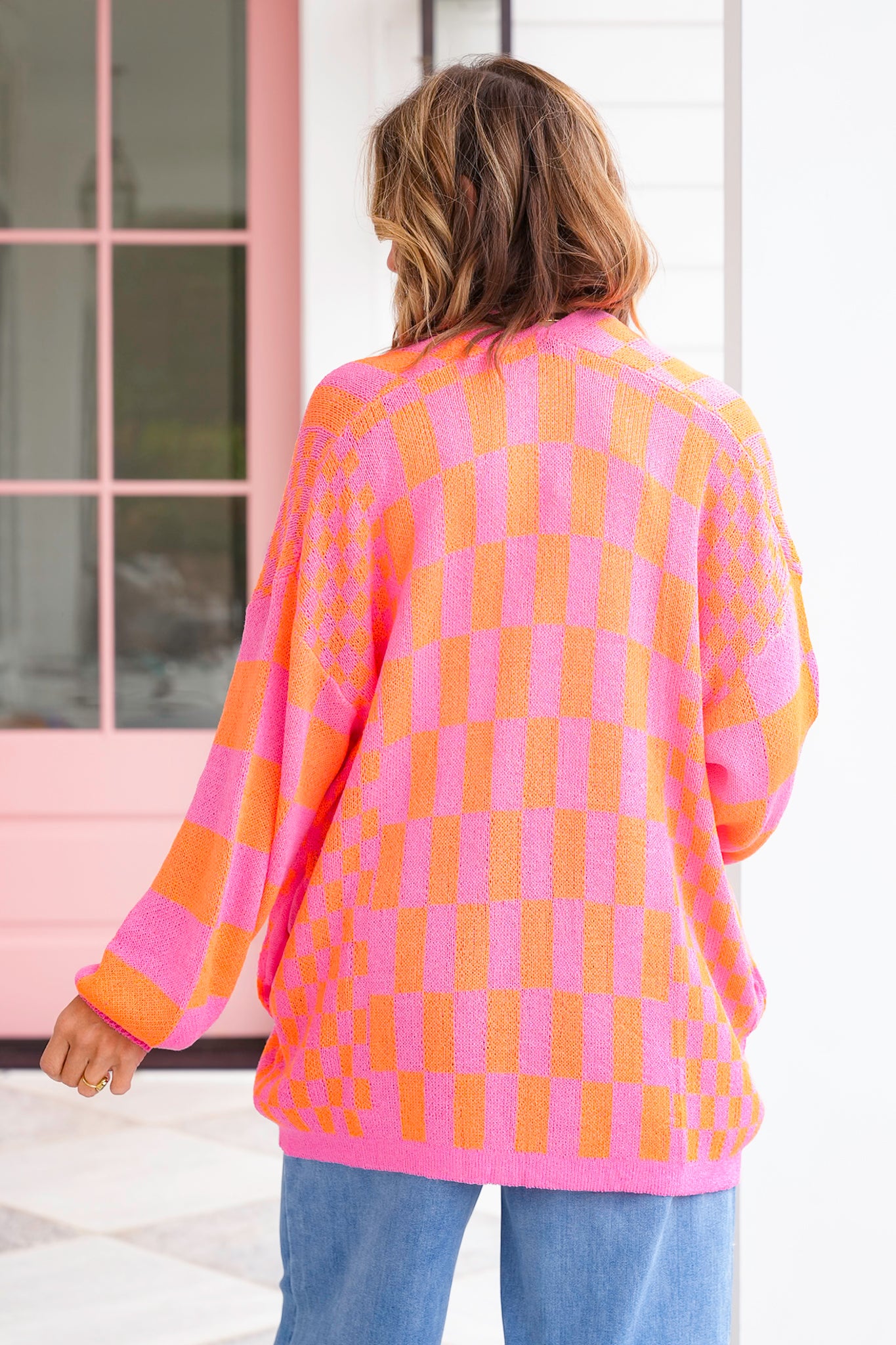 Plus/Reg Checkered Print Long Sleeve Open Cardigan