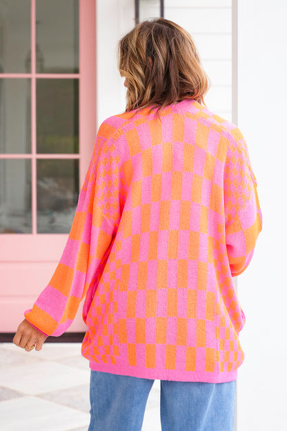 Plus/Reg Checkered Print Long Sleeve Open Cardigan