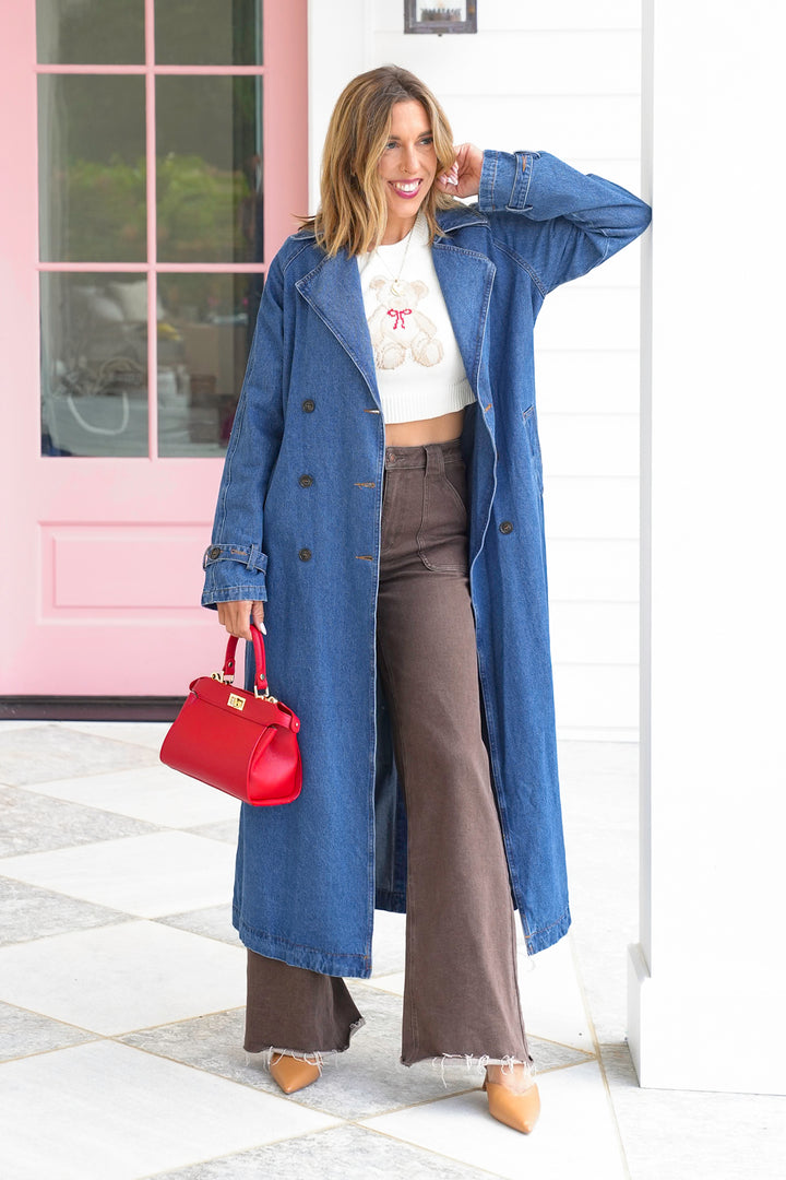 Medium Wash Long Sleeve Double Breasted Trench Coat