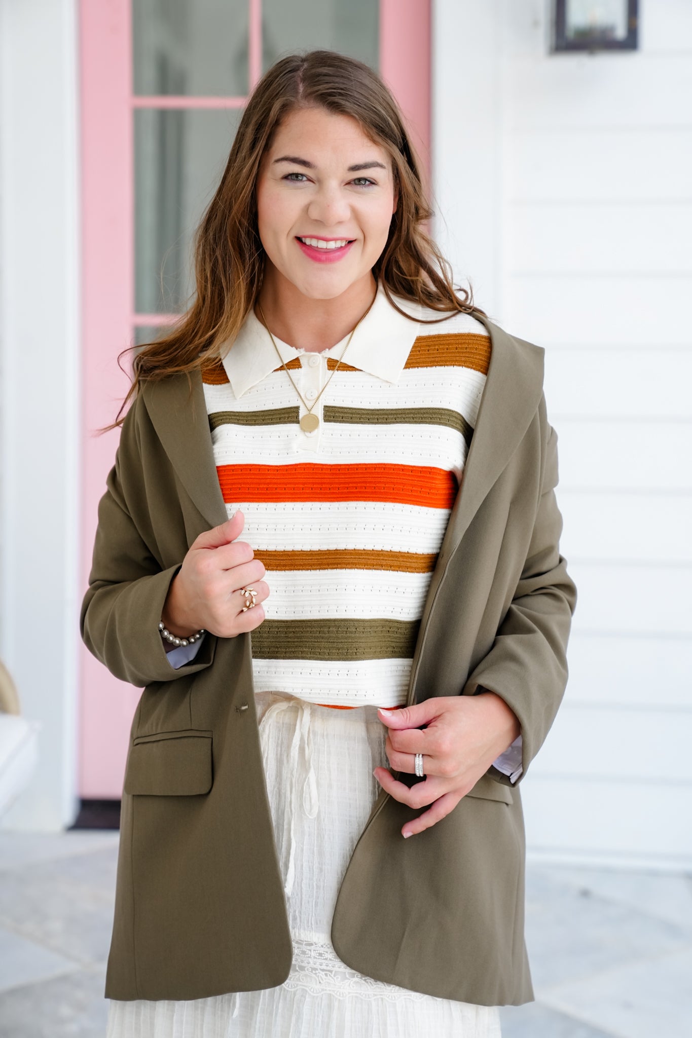 Stripe Short Sleeve Collared Sweater Top