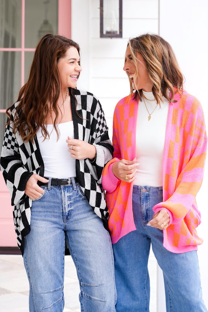 Plus/Reg Checkered Print Long Sleeve Open Cardigan
