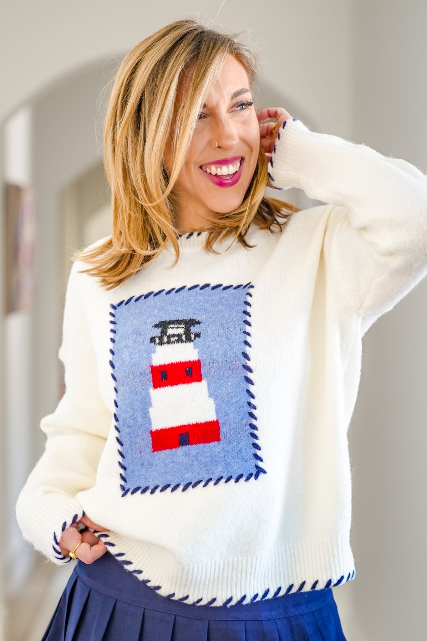 Lighthouse Long Sleeve Sweater with Blanket Stitch