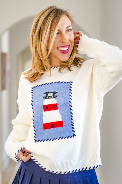 Lighthouse Long Sleeve Sweater with Blanket Stitch