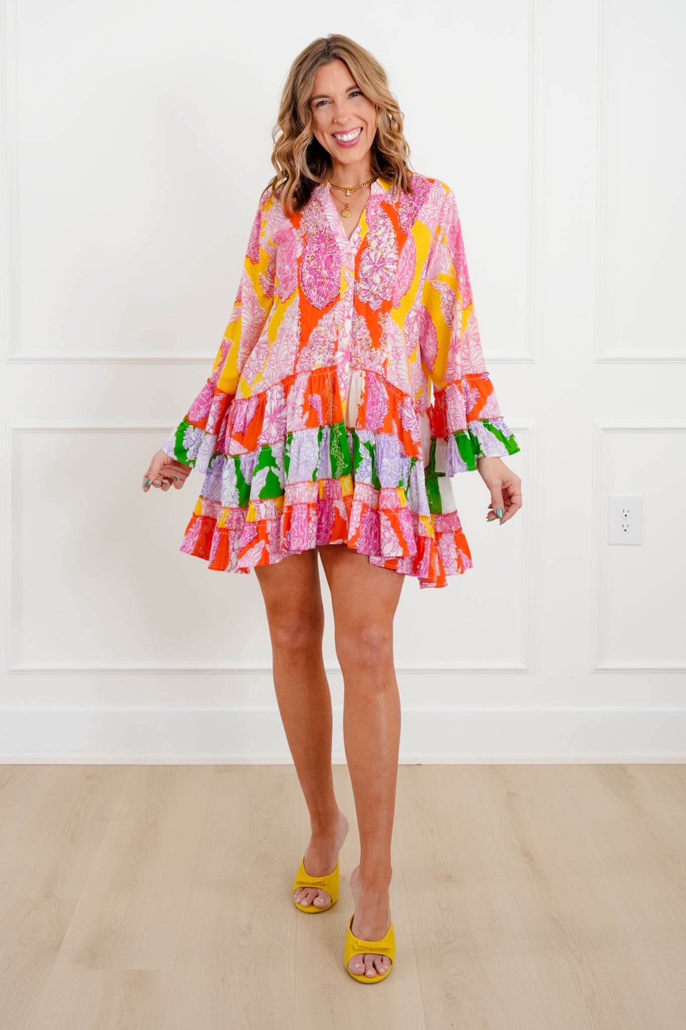 POL Multi Color Print Long Sleeve Button Down Midi Dress