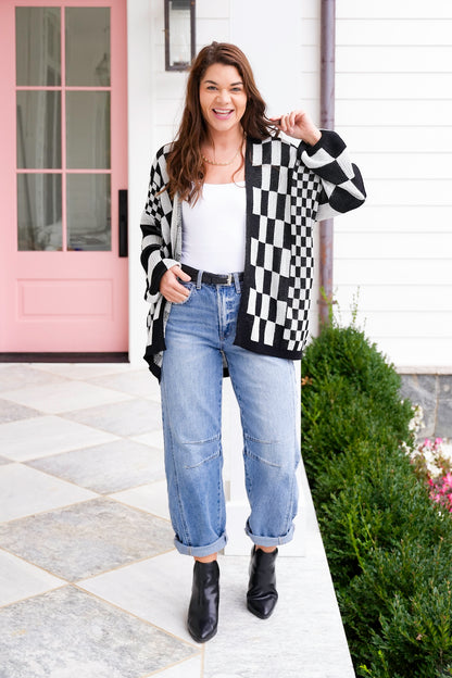 Plus/Reg Checkered Print Long Sleeve Open Cardigan