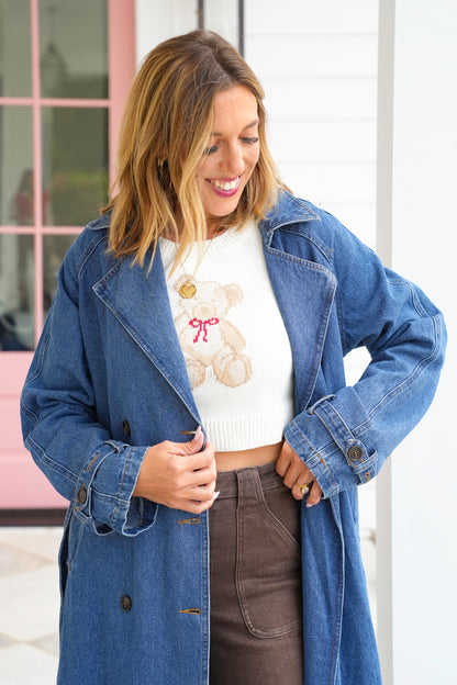 Medium Wash Long Sleeve Double Breasted Trench Coat