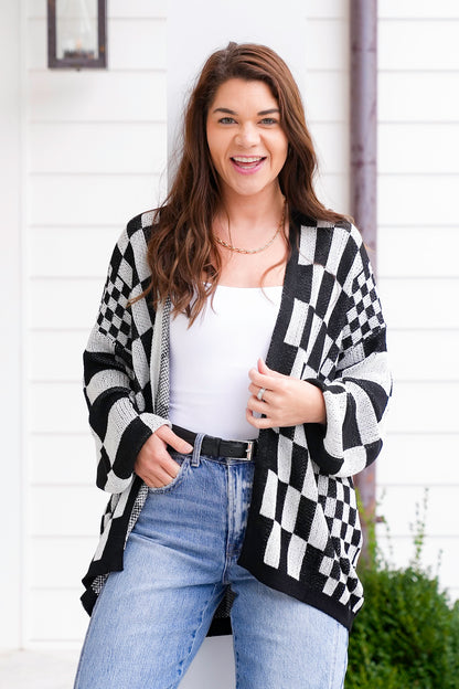 Plus/Reg Checkered Print Long Sleeve Open Cardigan