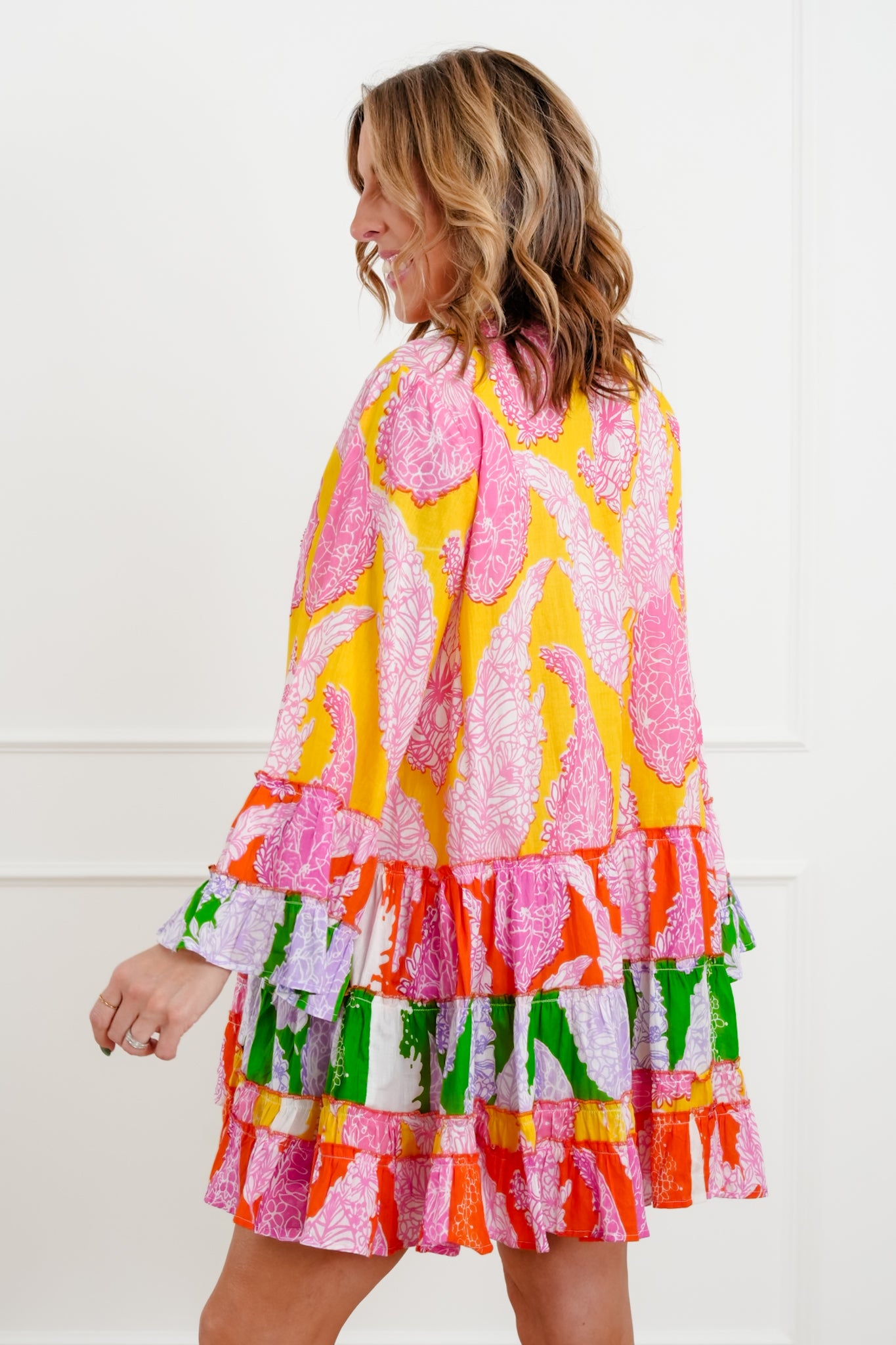 POL Multi Color Print Long Sleeve Button Down Midi Dress