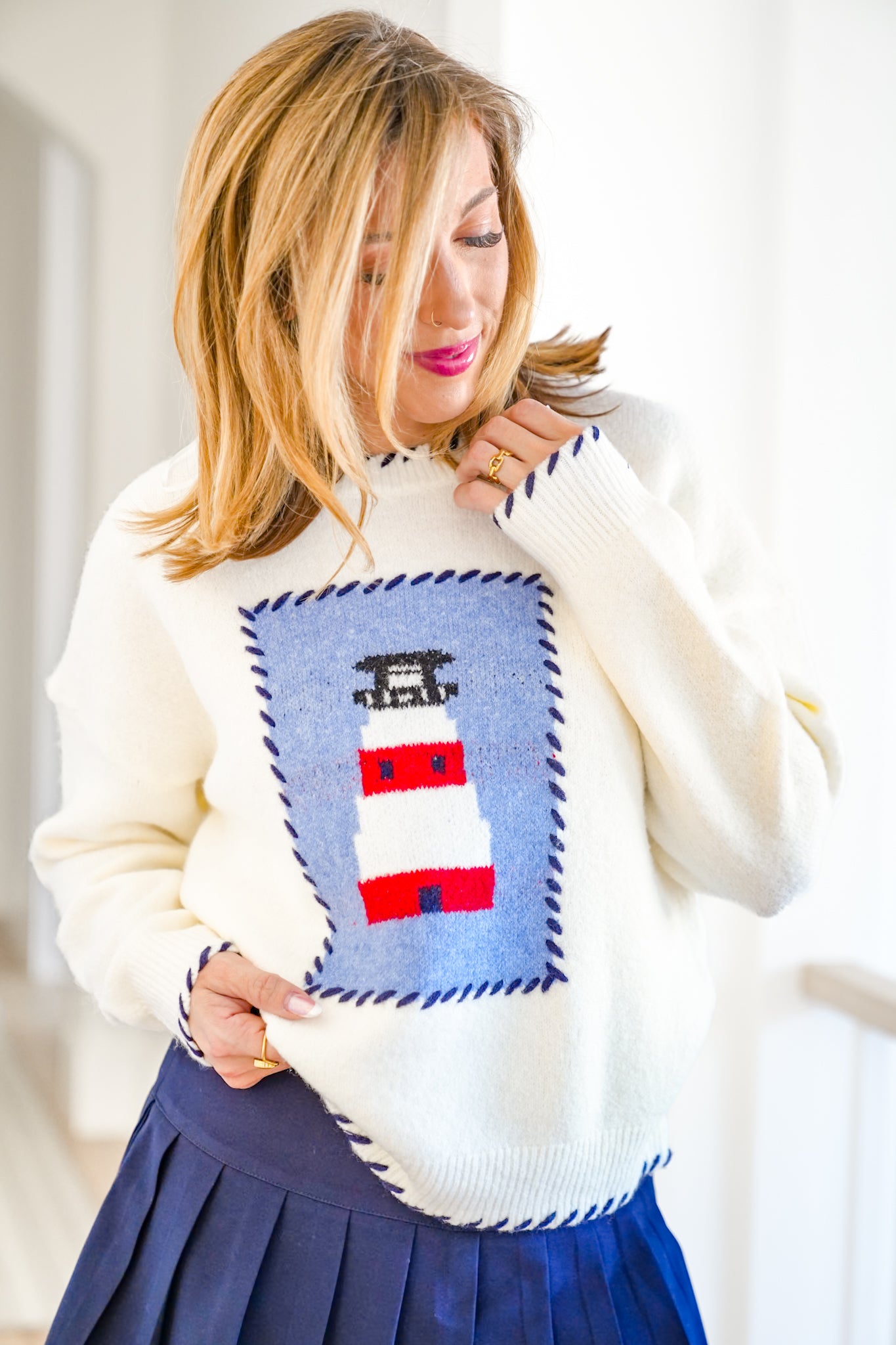 Lighthouse Long Sleeve Sweater with Blanket Stitch