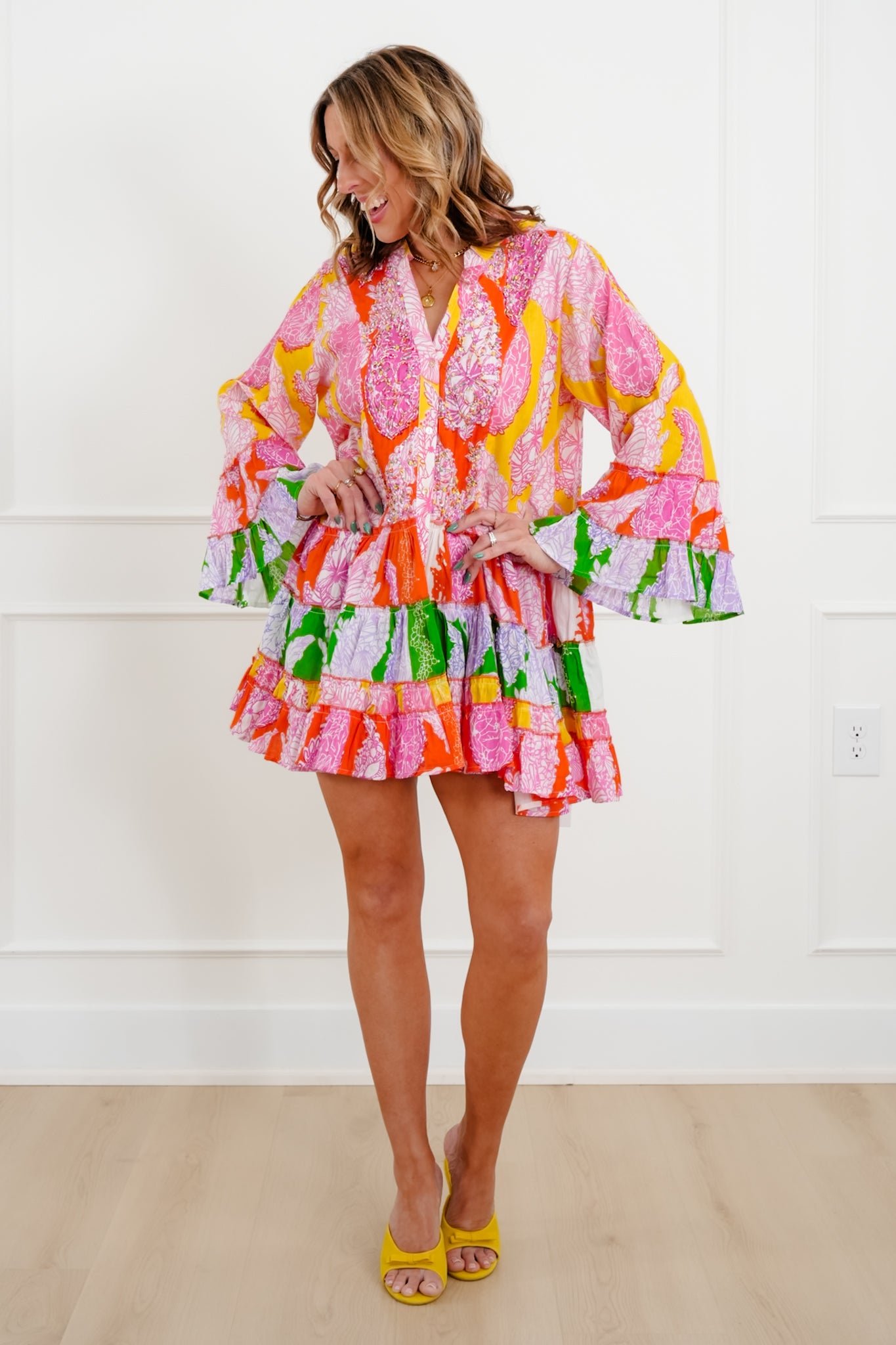 POL Multi Color Print Long Sleeve Button Down Midi Dress