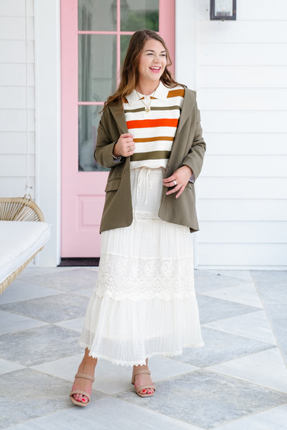 Stripe Short Sleeve Collared Sweater Top