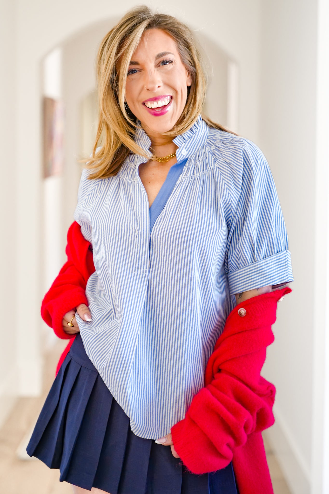 Plus/Reg Woven Pinstripe Short Sleeve Blouse