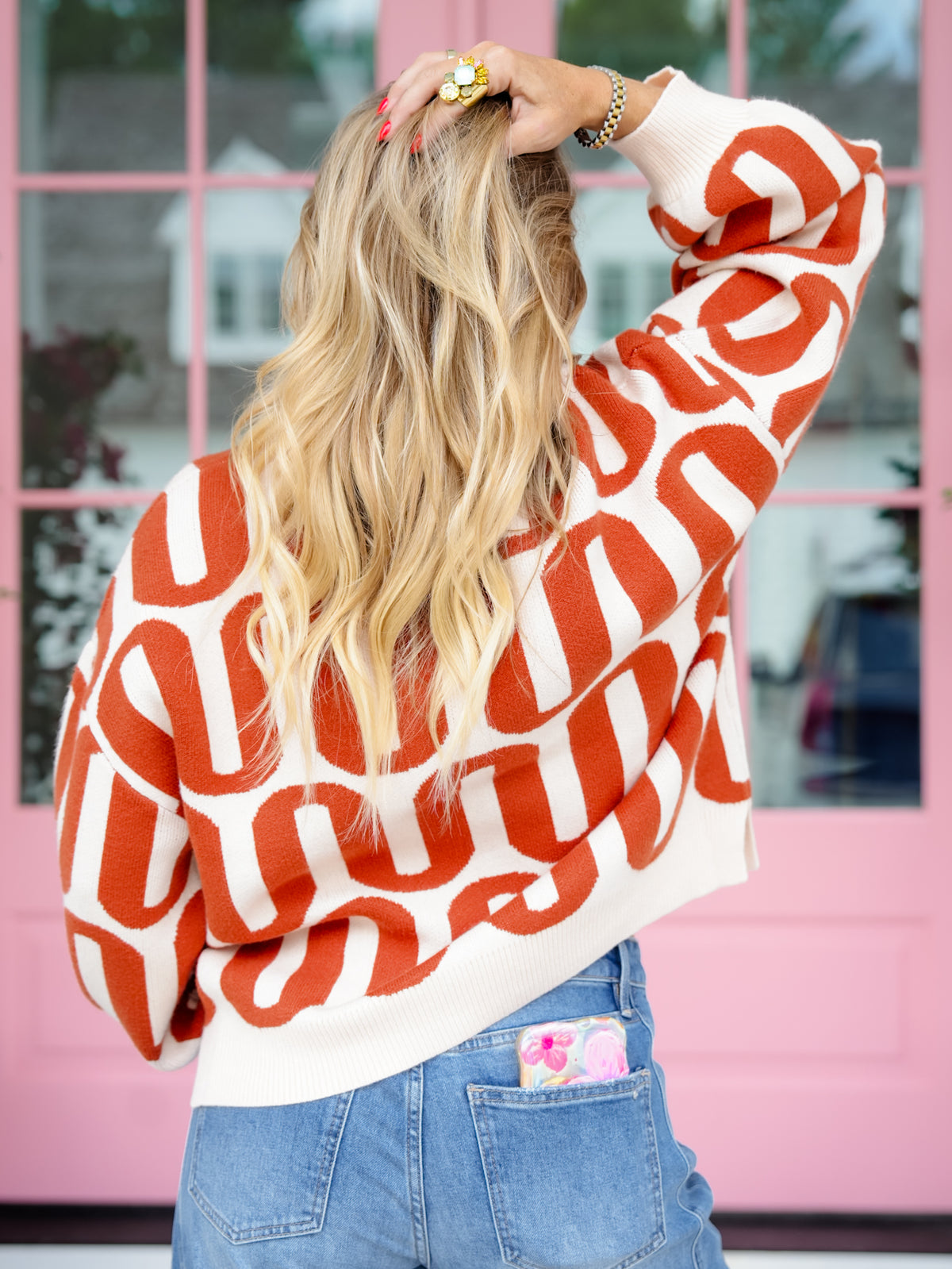 Wave Pattern Long Sleeve Crew Neck Pullover Sweater - Freckled Poppy
