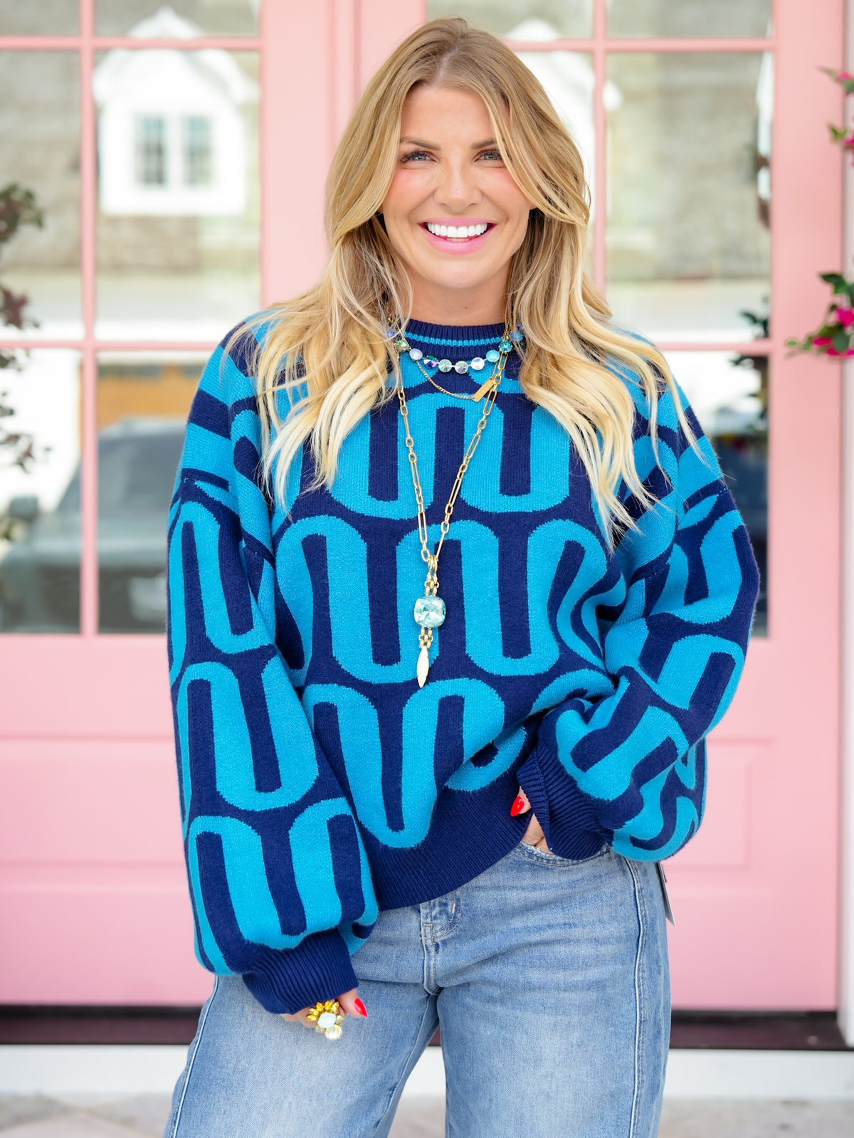 Wave Pattern Long Sleeve Crew Neck Pullover Sweater - Freckled Poppy