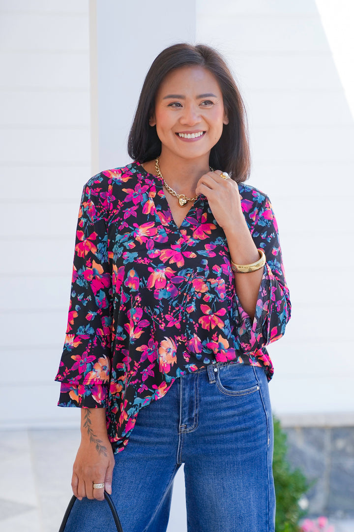 Plus/Reg Floral Long Bell Sleeve Tunic Top