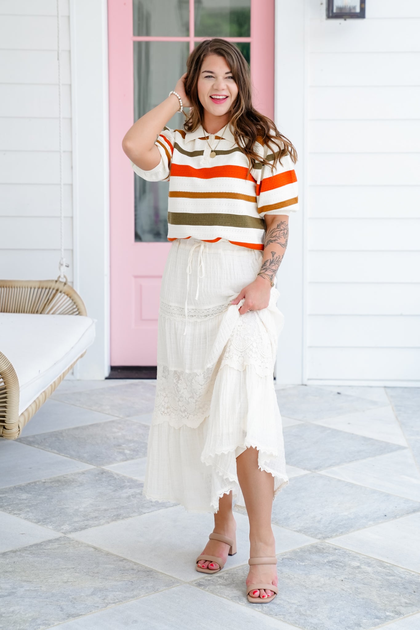 Stripe Short Sleeve Collared Sweater Top