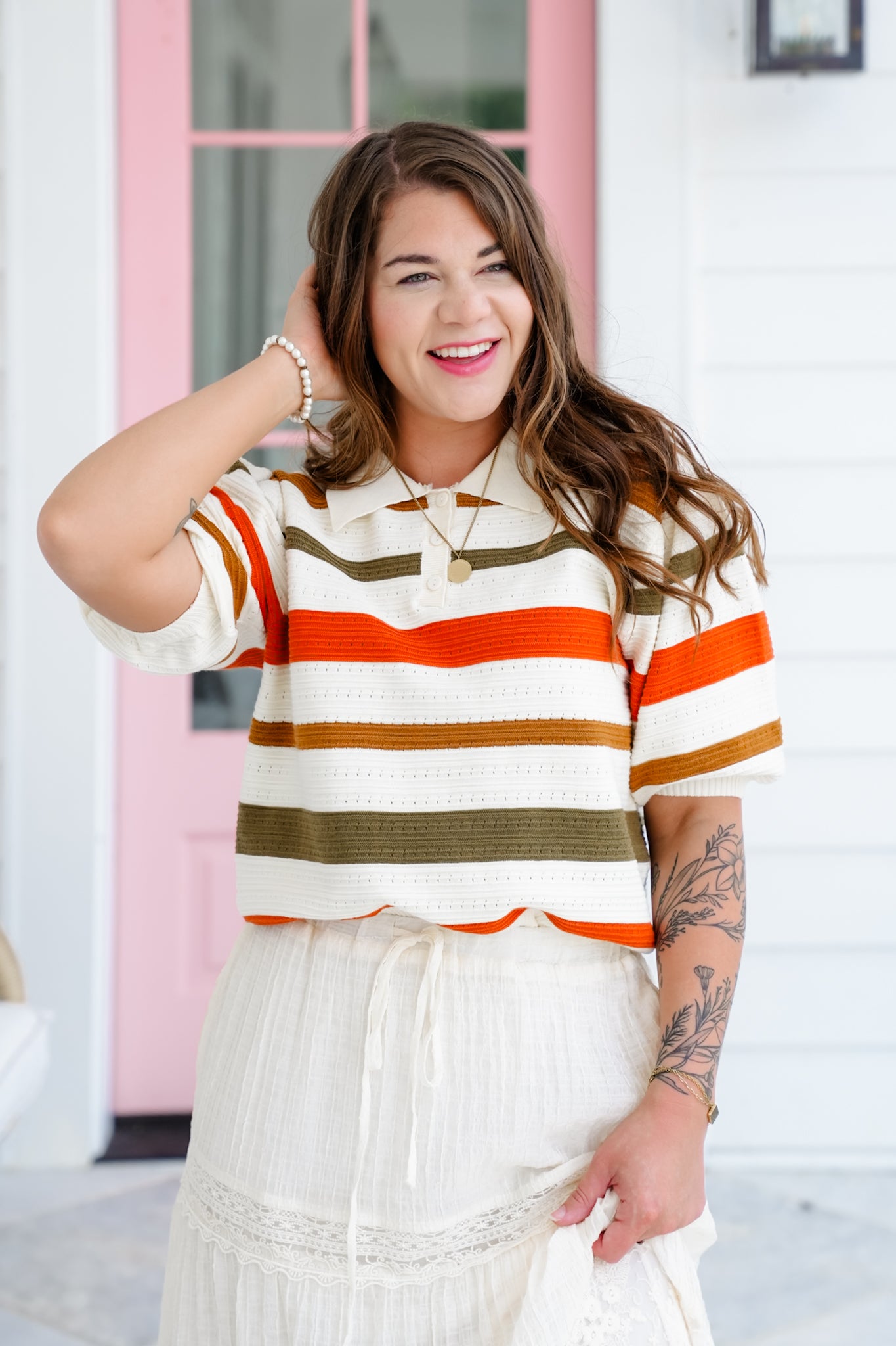 Stripe Short Sleeve Collared Sweater Top